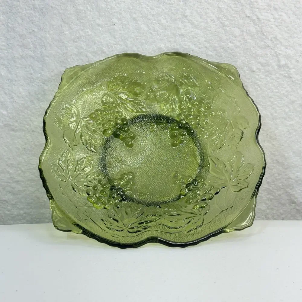 Vintage Anchor Hocking Green Footed Grape And Leaves Serving Bowl Trinket Dish